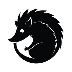 Black silhouette of a hedgehog curled into a ball on a clean white background