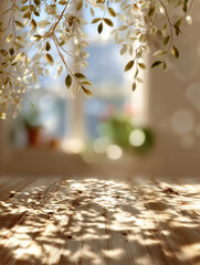 Sunlit rustic wooden table with natural leaf shadows in an outdoor garden setting creating a warm and peaceful atmosphere