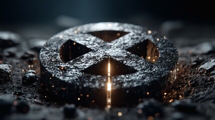Futuristic Metal Cross Symbol Engraved in Dark Soil with Sparks and Light Reflection