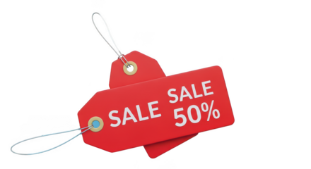 Bright red sale tag with fifty percent discount text and string attached isolated on transparent background