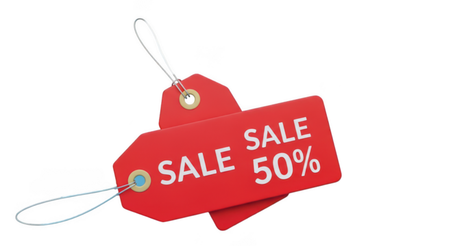 Bright red sale tag with fifty percent discount text and string attached isolated on transparent background