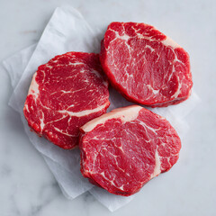 Close up of fresh raw beef steaks with marbling texture ready for cooking on a light background
