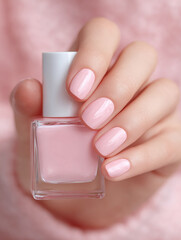 Close up of a hand with glossy light pink nail polish holding a matching pink nail polish bottle against a soft pink background
