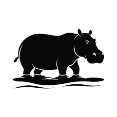 Silhouette of a hippopotamus walking gracefully through shallow water