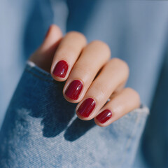Close up of a well-manicured hand with glossy red nail polish wearing a denim jacket sleeve in soft natural light