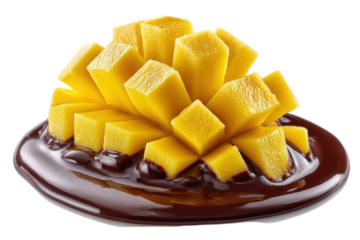 Mango chunks in rich dark chocolate dessert delicious treat, isolated on a transparent background