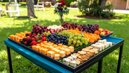 Obraz premium Colorful fruit and cheese platter on a table