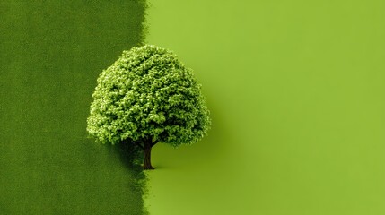 A green tree with a single branch on a green background, with a green grassy area on the left side.