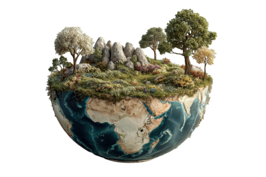 Earth miniature landscape trees flowers rocks environment, isolated on a transparent background