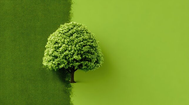 A green tree with a single branch on a green background, with a green grassy area on the left side.