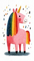 Colorful pink unicorn with rainbow mane surrounded by vibrant confetti celebrating joy and imagination