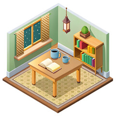 flat isometric illustration of islamic study desk