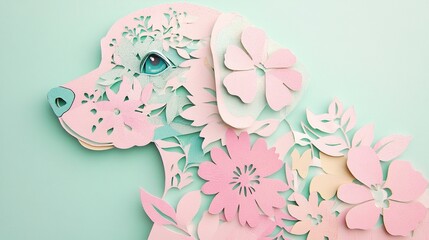 Dreamy paper cut style puppy and floral pattern with pale pink and mint green background, nursery wall art style, suitable for baby room decoration.