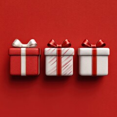 Colorful gift boxes with bows arranged on a vibrant red background for festive celebrations