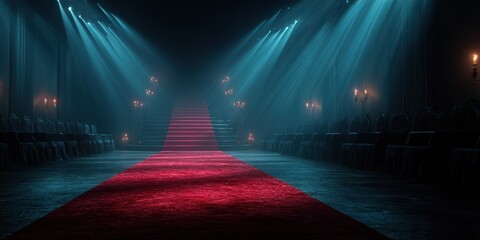 Vibrant red carpet leading up to stage with dramatic lighting in an elegant venue during a special event