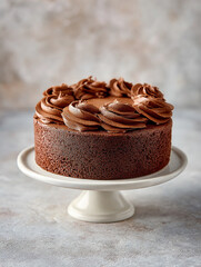 Rich and moist chocolate cake decorated with smooth chocolate frosting swirls on a white cake stand ready for celebration