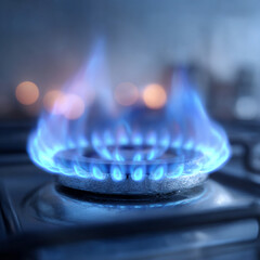 Close up of a bright blue gas flame burning steadily on a kitchen stove burner creating a warm cooking atmosphere