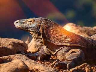 Komodo dragon basking on rocky surface in lush green wilderness
Komodo dragon resting calmly in tropical forest on sunlit rocks