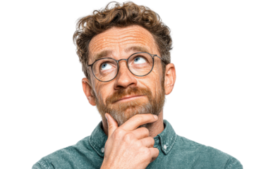 Thoughtful man in glasses contemplating ideas deep in thought hand on chin, isolated on a transparent background