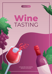 A design template for wine tasting. Wine glass, bottle, grapes. The concept of a winery, restaurant. Vector illustration of A4 format for posters, banners, posters, invitations, advertisements.