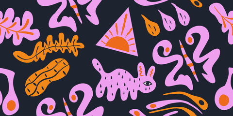 Bold playful seamless pattern with geometric, Abstract animal, sun organic shapes.
