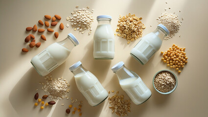 Plant-based milk bottles with matching ingredients on beige background. Perfect for vegan product packaging, health brands, and dairy-free advertising.