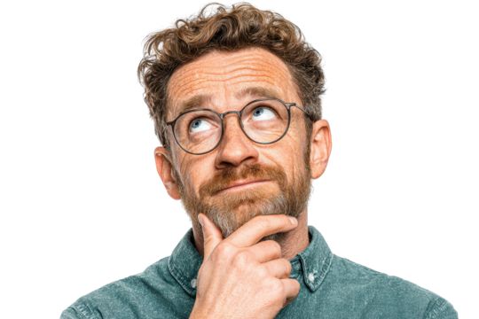 Thoughtful man in glasses contemplating ideas deep in thought hand on chin, isolated on a transparent background - Powered by Adobe