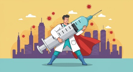 superhero doctor holding giant syringe in front of city skyline illustrating health protection. national immunization awareness month. healthcare campaign, educational banner, illustration