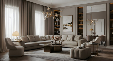 Modern living room showcasing neutral tones and stylish design elements. Elegant furnishings and lighting fixtures create a sophisticated atmosphere in a luxury apartment.