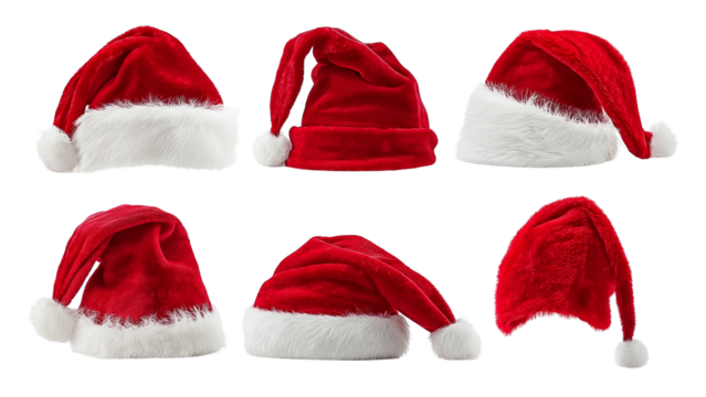 Set of red furry christmas xmas santa claus hat on transparent background cutout, PNG file.  - Powered by Adobe