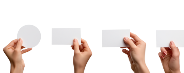 Collection set of male female hand holding blank rectangle and round circle card note paper in different angle on transparent background cutout PNG file.