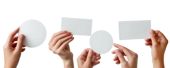 Collection set of male female hand holding blank rectangle and round circle card note paper in different angle on transparent background cutout PNG file.