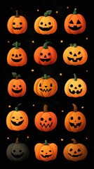 Colorful Halloween pumpkins with various faces arranged in a playful pattern on a dark background celebrating the festive season