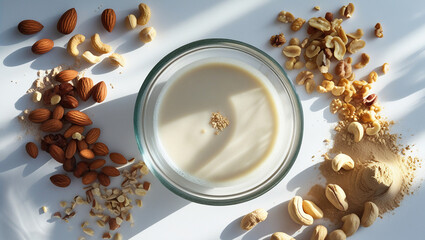Glass bowl of nut milk with assorted nuts on white background. Perfect for vegan product packaging, health blogs, and dairy-free advertising.
