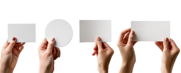 Collection set of male female hand holding blank rectangle and round circle card note paper in different angle on transparent background cutout PNG file.