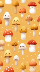 Whimsical pattern of smiling mushrooms on a bright orange background with charm and character