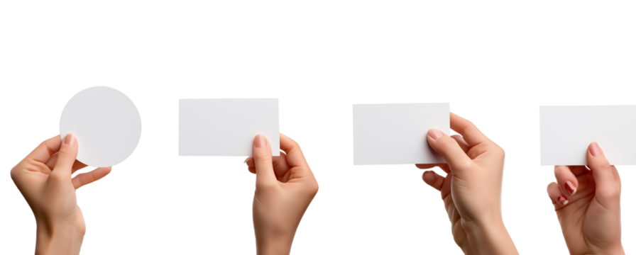 Collection set of male female hand holding blank rectangle and round circle card note paper in different angle on transparent background cutout PNG file.