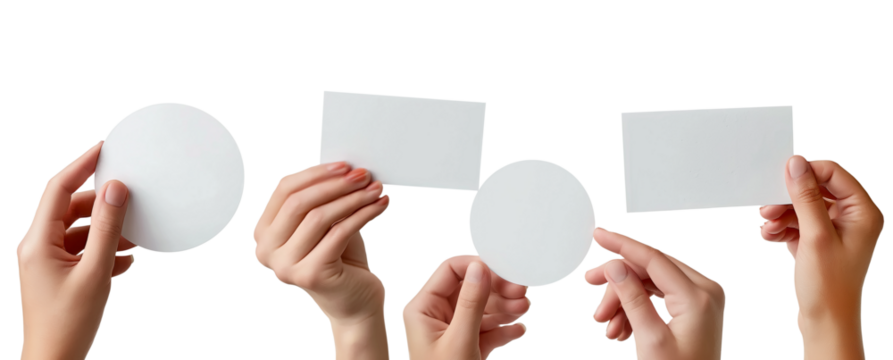 Collection set of male female hand holding blank rectangle and round circle card note paper in different angle on transparent background cutout PNG file.
