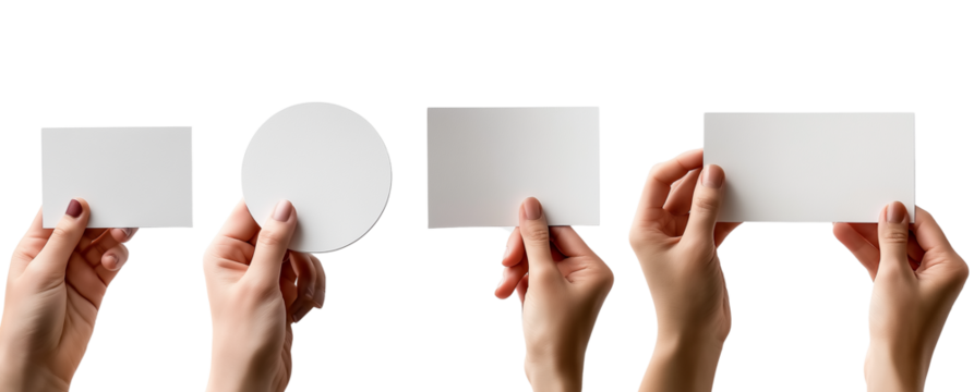 Collection set of male female hand holding blank rectangle and round circle card note paper in different angle on transparent background cutout PNG file.