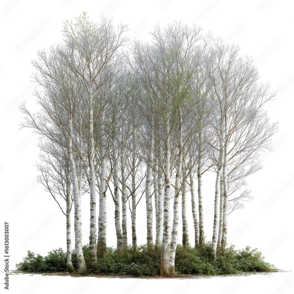 Poster a forest of birch trees with transparent bark isoleted on transparent background .