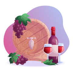 A wooden barrel with a faucet, glasses, a bottle of red wine, a bunch of grapes. The concept of a winery, restaurant, and wine tasting. Vector illustration for posters, banners, posters, invitations