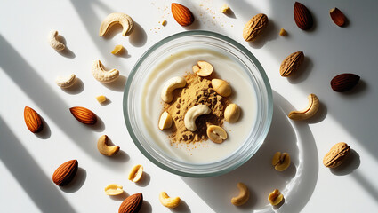 Flat lay of nut milk surrounded by nuts and powder with dramatic shadows. Ideal for food branding, recipe books, and premium beverage campaigns.