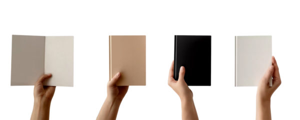 Collection set of male female hand holding blank book journal, note paper, notepad, notebook on transparent background cutout PNG file. 