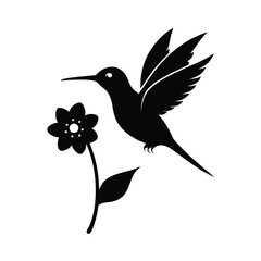 Elegant black silhouette of a hummingbird in flight gracefully hovering above a vibrant blooming flower