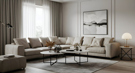 Modern living room featuring beige sectional sofa with neutral throw pillows and a minimalist aesthetic. Stylish coffee tables and a decorative lamp are strategically placed.