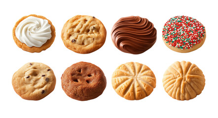 Collection of round cookie cookies biscuit, sprinkle and icing set, on transparent background cutout. PNG file.