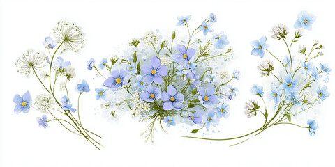 Watercolor floral bouquet illustration set. Hydrangea myosotis rose peony blue white flowers, green leaves branches collection. Wedding invitations, wallpaper, fashion, prints, fashion, templates.