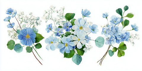 Watercolor floral bouquet illustration set. Hydrangea myosotis rose peony blue white flowers, green leaves branches collection. Wedding invitations, wallpaper, fashion, prints, fashion, templates.