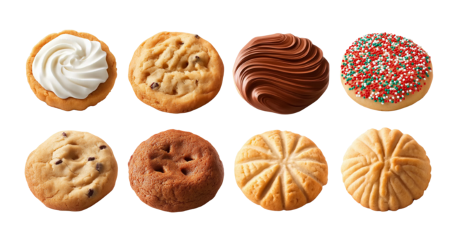 Collection of round cookie cookies biscuit, sprinkle and icing set, on transparent background cutout. PNG file. 