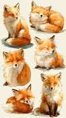Charming fox illustrations showcasing unique expressions and poses in vibrant orange and white fur